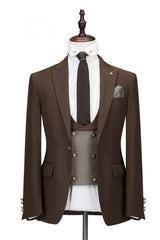 Brown Three Pieces Peaked Lapel Slim Fit Wedding Groom Suits-Ballbella