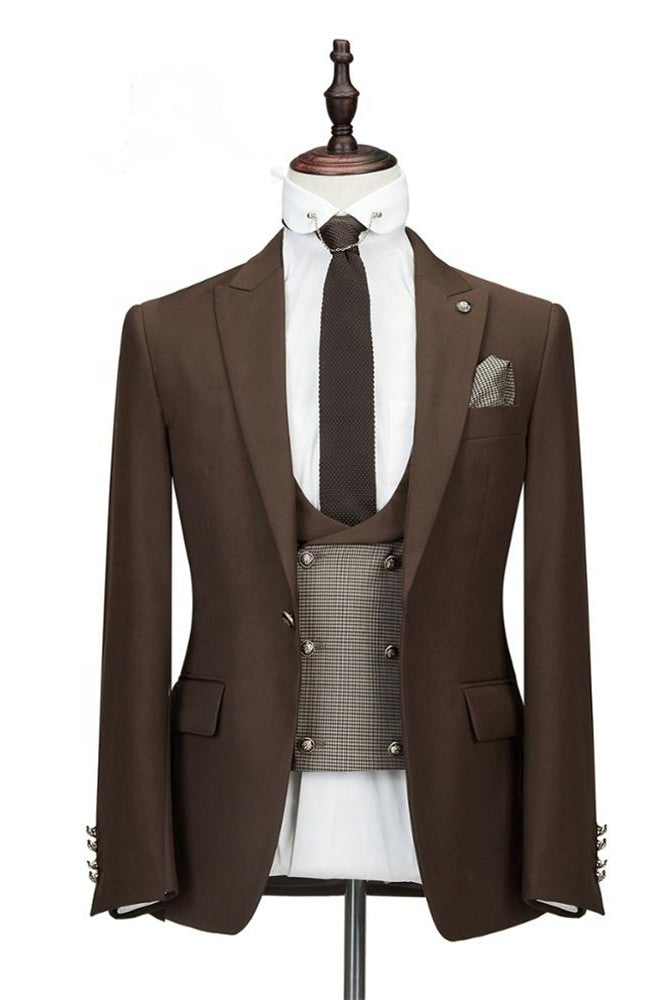 Brown Three Pieces Peaked Lapel Slim Fit Wedding Groom Suits-Ballbella