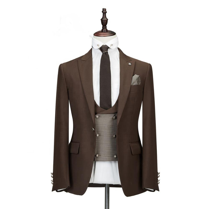 Buy Brown Three Pieces Peaked Lapel Slim Fit Wedding Groom Suits for men from Ballbella. Huge collection of Peaked Lapel Single Breasted Men Suit sets at low offer price &amp; discounts, free shipping &amp; made. Order Now.