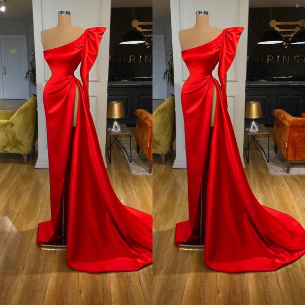 Bubble Sleeve One-shoulder Red High-split Long Evening Dress-Ballbella
