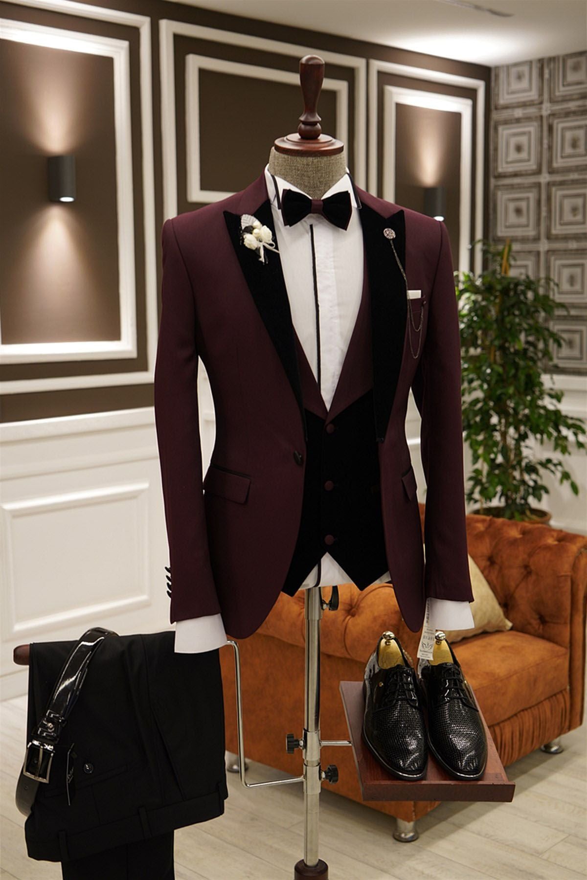 3 Pieces Peak Lapel Burgundy Men's Prom Suits