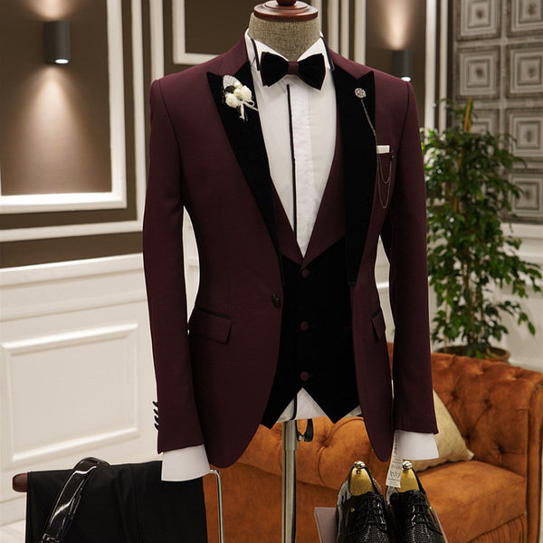 Burgundy 3-pieces Peaked Lapel Slim Fit Men's Prom Suits-Ballbella