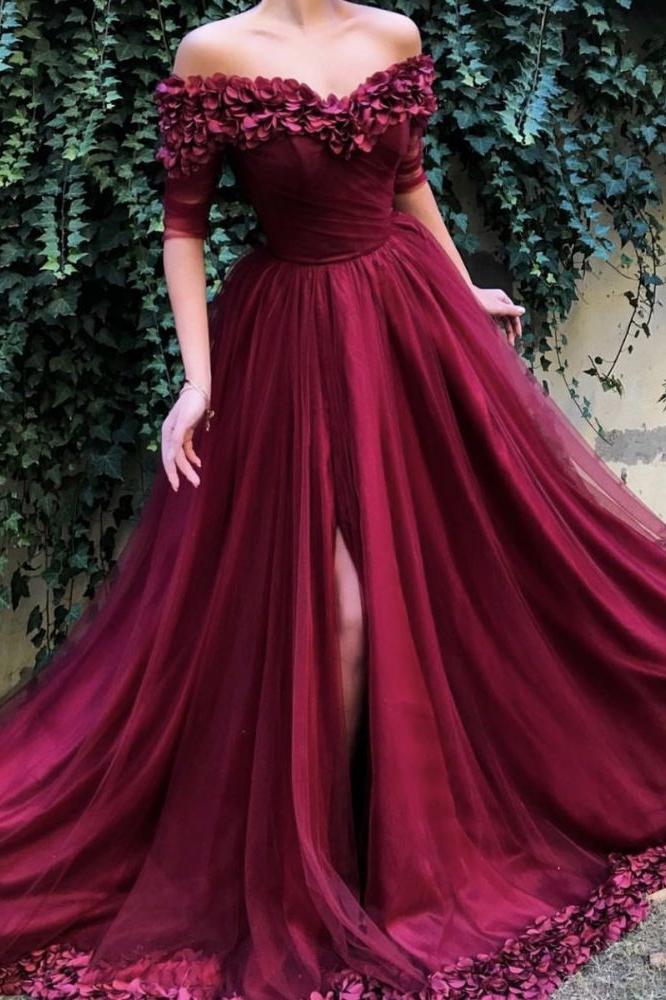Burgundy A-line Off-the-Shoulder Tulle Flower Applique Prom Dresses-Ballbella