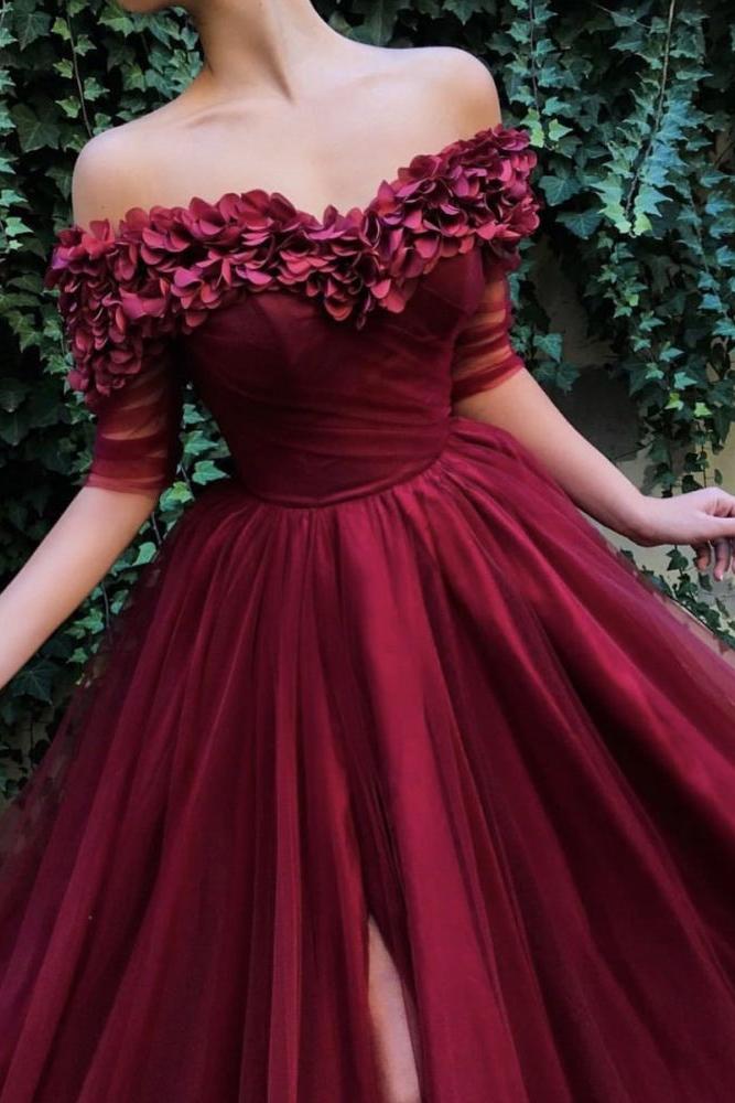 Burgundy A-line Off-the-Shoulder Tulle Flower Applique Prom Dresses-Ballbella