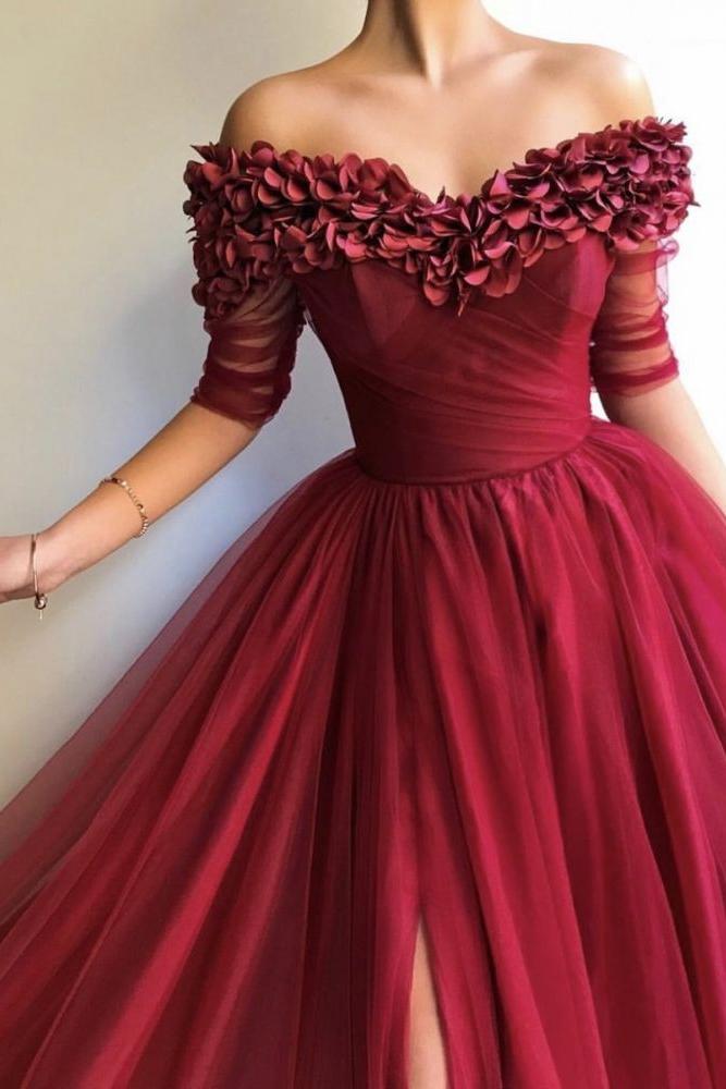 Burgundy A-line Off-the-Shoulder Tulle Flower Applique Prom Dresses-Ballbella