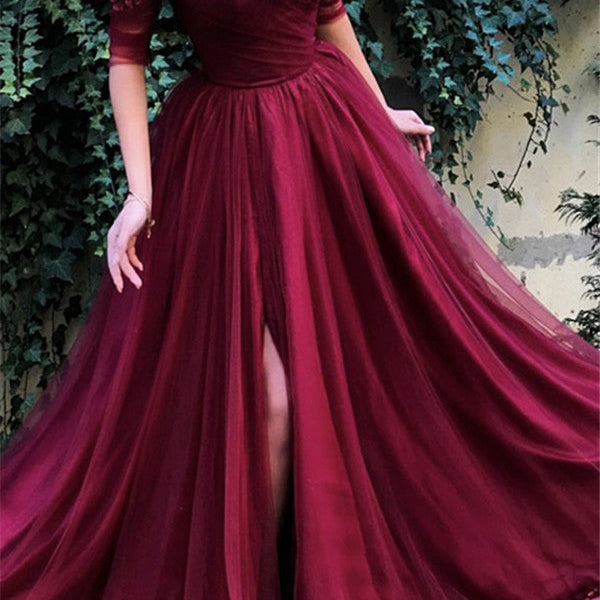 Burgundy A-line Off-the-Shoulder Tulle Flower Applique Prom Dresses Burgundy A-line Off-the-Shoulder Tulle Flower Applique Prom Dresses