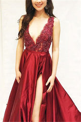 Ballbella offers all kinds of cheap wine red evening dresses online,  sort by color,  neckline or fabric. Discover more styles Burgundy A-line Sleeveless V-Neck Applique Side Slit Prom Dresses that will match you preferctly now.