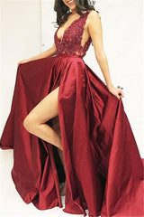Ballbella offers all kinds of cheap wine red evening dresses online,  sort by color,  neckline or fabric. Discover more styles Burgundy A-line Sleeveless V-Neck Applique Side Slit Prom Dresses that will match you preferctly now.