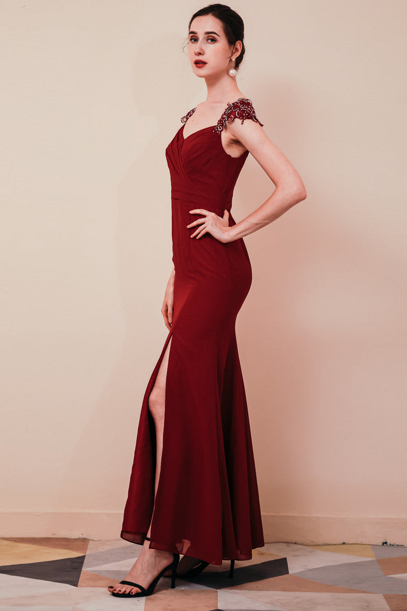 Burgundy Beaded Cap sleeves Chiffon Column Evening Dress, Dusty pink / US2 Burgundy Beaded Cap sleeves Chiffon Column Evening Dress, Dusty pink / US2