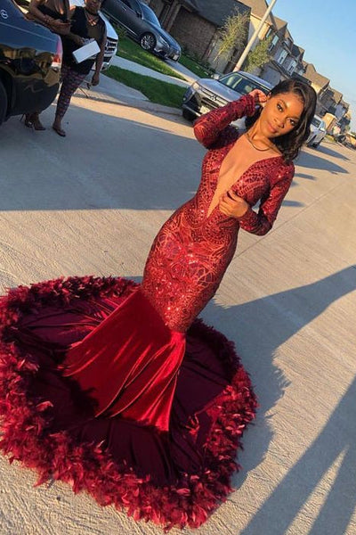 Formal Burgundy V Neck Maroon Silk Prom Dress Burgundy Long V-Neck Beaded  Lace Applique Prom