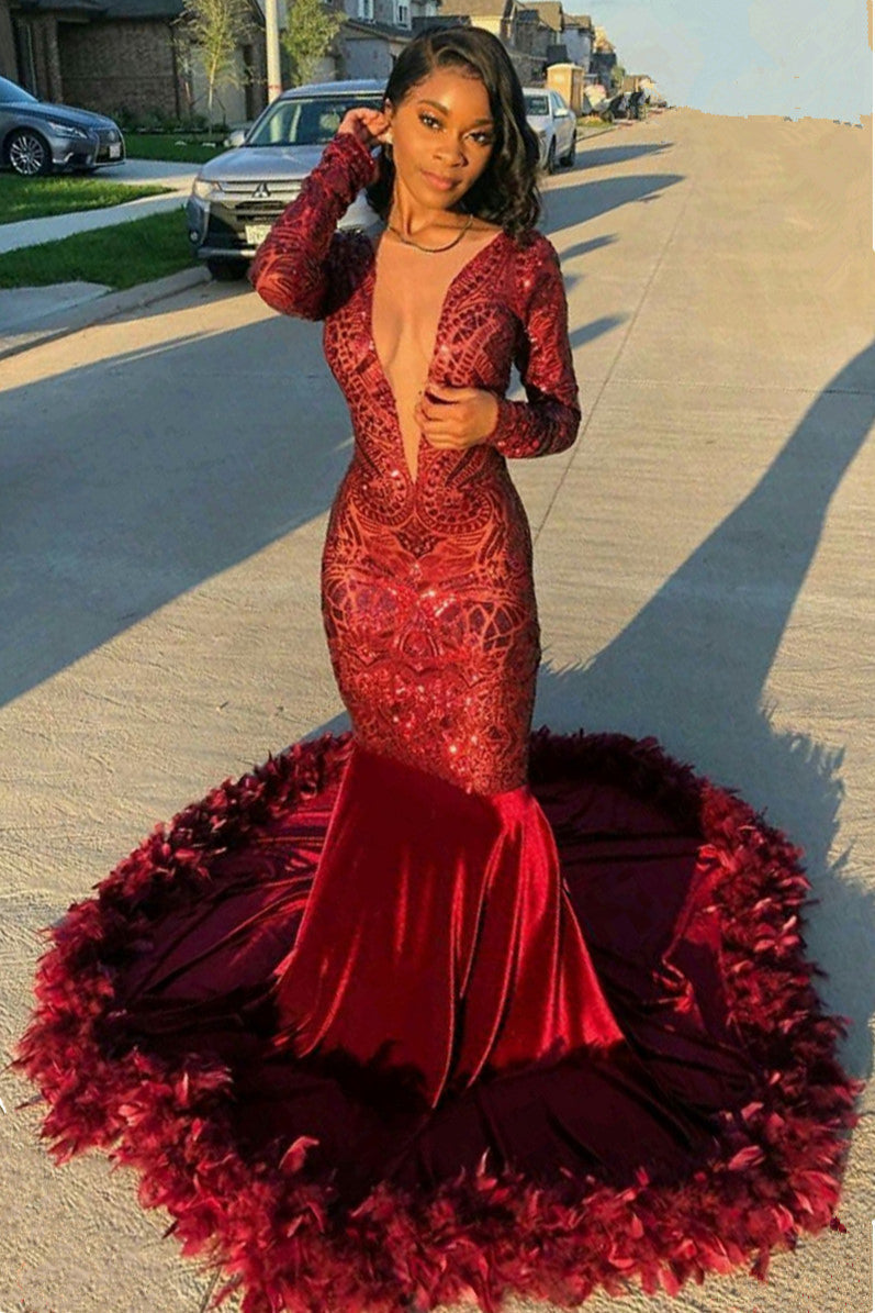 super deep v neck dress Vibrant Red ning Gn with Floral Embidery