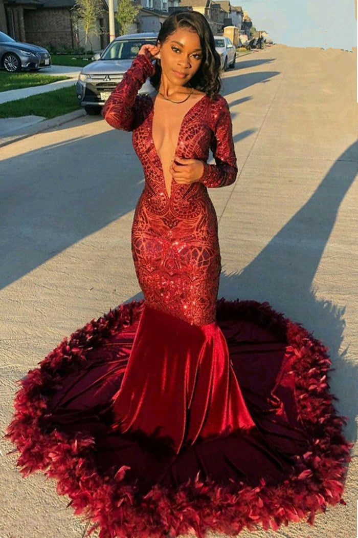 Red Sequin Red Mermaid Dress Long Sleeve Deep V Neck