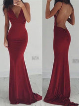 Burgundy Evening Gowns Stretchy Spaghettis-Straps Backless Column Prom Dresses-Ballbella