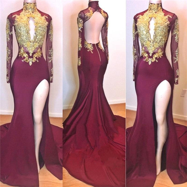 Rock a youthful,  playful look with our Burgundy Gold Appliques Evening Gowns. Shop Ballbella with free shipping on Long Sleevess Side Slit Open Back Mermaid Prom Dresses available in all sizes and colors.