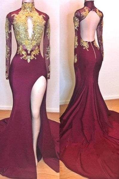 Rock a youthful,  playful look with our Burgundy Gold Appliques Evening Gowns. Shop Ballbella with free shipping on Long Sleevess Side Slit Open Back Mermaid Prom Dresses available in all sizes and colors.