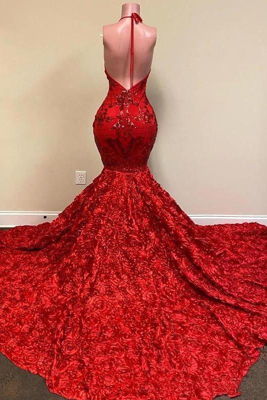 Burgundy Halter Mermaid V-neck Low back Flowers Prom Dresses-Ballbella