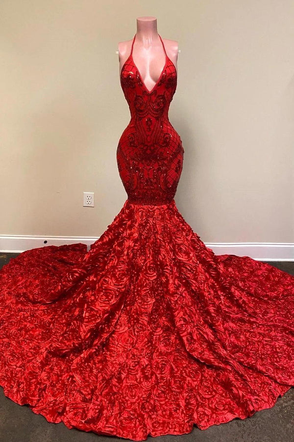 Burgundy Halter Mermaid V-neck Low back Flowers Prom Dresses-Ballbella