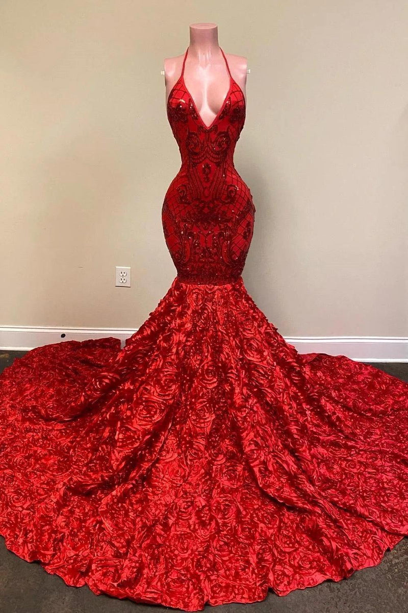 Burgundy Halter Mermaid V-neck Low back Flowers Prom Dresses-Ballbella