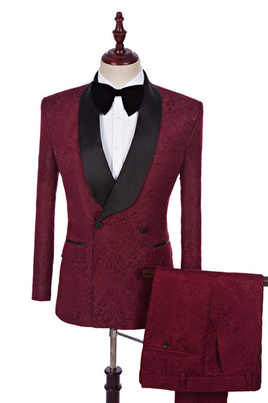 Burgundy Jacquard Double Breasted Best Fitted Wedding Suits Online-Ballbella