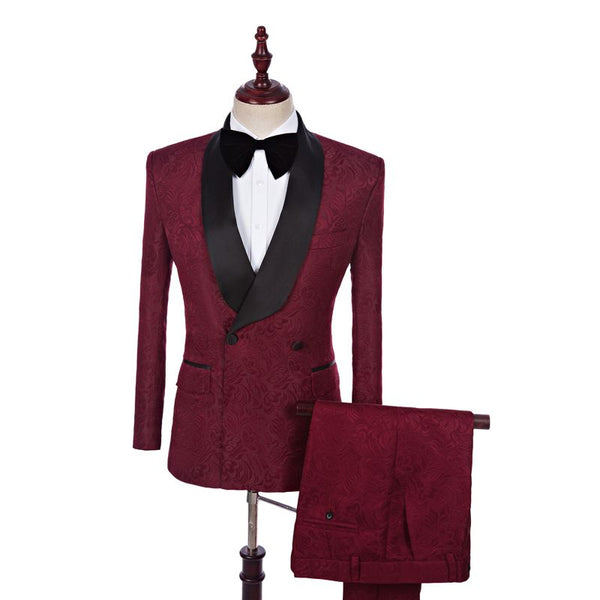 Ballbella is your ultimate source for Burgundy Jacquard Double Breasted Best Fitted Wedding Suits Online. Our Burgundy Shawl Lapel wedding groomsmen suits come in Bespoke styles &amp; colors with high quality and free shipping.