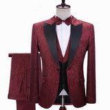 Burgundy Jacquard Peaked Lapel Three-pieces Wedding Men Suits-Ballbella