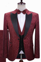 Burgundy Jacquard Peaked Lapel Three-pieces Wedding Men Suits-Ballbella
