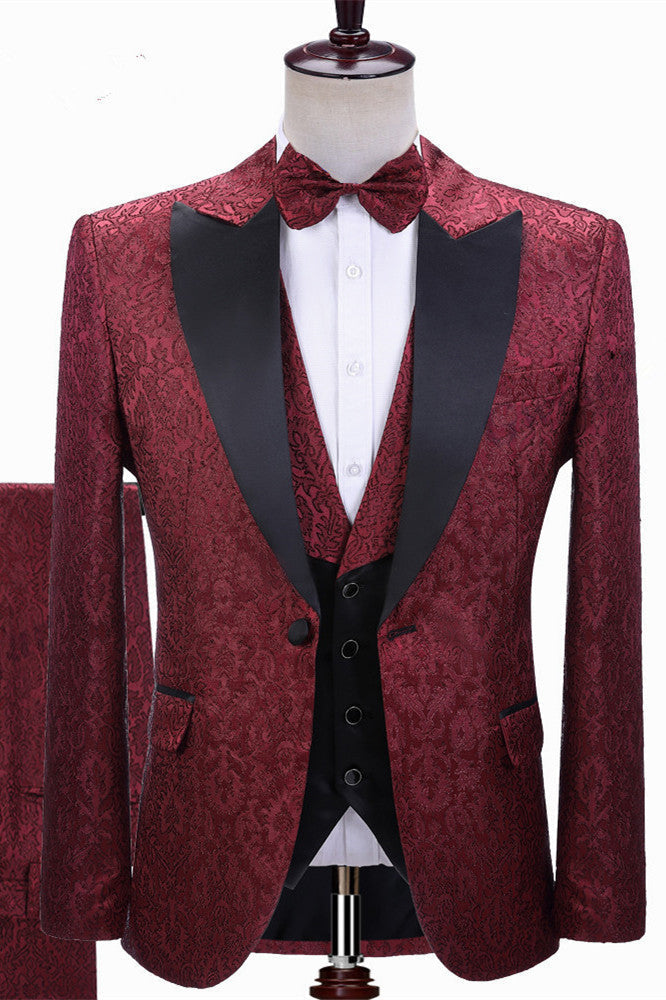 Burgundy Jacquard Peaked Lapel Three-pieces Wedding Men Suits-Ballbella