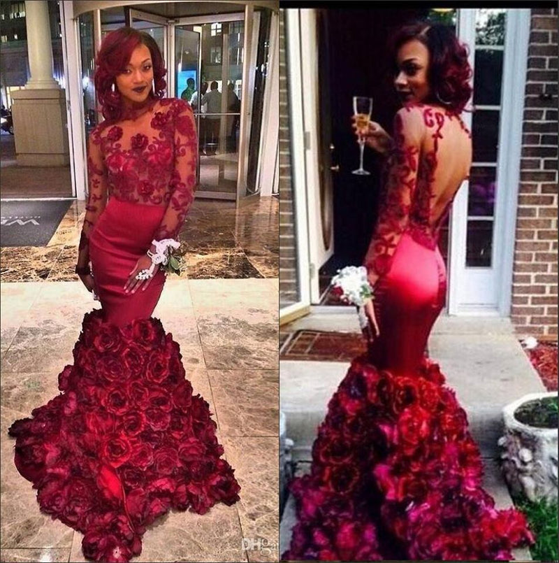 Still wondering where to buy trendy burgundy prom dresses online? Ballbella provides you 30+ colors Burgundy Lace-Appliques Long-Sleeves Flowers-Train Mermaid Prom Dresses with Slit online,  free shipping worldwide.