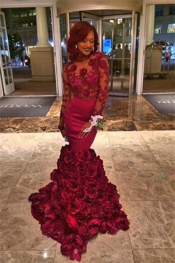 Still wondering where to buy trendy burgundy prom dresses online? Ballbella provides you 30+ colors Burgundy Lace-Appliques Long-Sleeves Flowers-Train Mermaid Prom Dresses with Slit online,  free shipping worldwide.