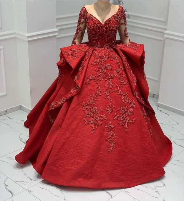 Ballbella offers Burgundy Lace Appliques Long Sleevess V-neck Ruffles Ball Gowns Evening Gowns On Sale at an affordable price from Satin to Ball Gown Floor-length skirts. Shop for gorgeous Long Sleevess Prom Dresses, Evening Dresses collections for your big day.