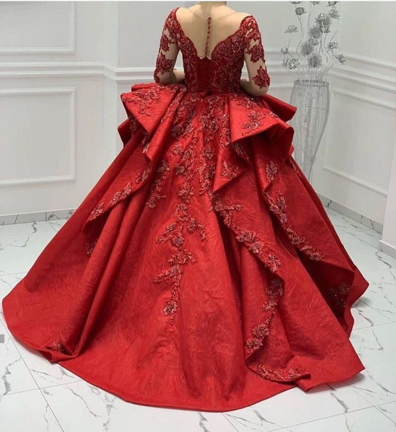 Ballbella offers Burgundy Lace Appliques Long Sleevess V-neck Ruffles Ball Gowns Evening Gowns On Sale at an affordable price from Satin to Ball Gown Floor-length skirts. Shop for gorgeous Long Sleevess Prom Dresses, Evening Dresses collections for your big day.