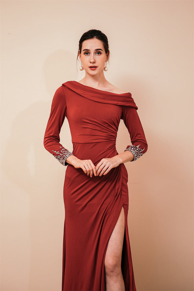 Burgundy Long sleeves Jersey Unique neckline Evening Dress, Burgundy / US2