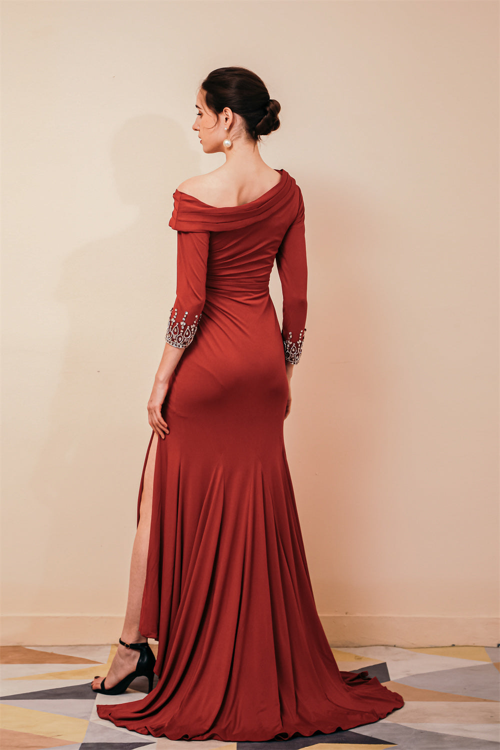 red dress unique Burgundy Long sleeves Jersey Unique neckline Evening Dress, Burgundy / US2