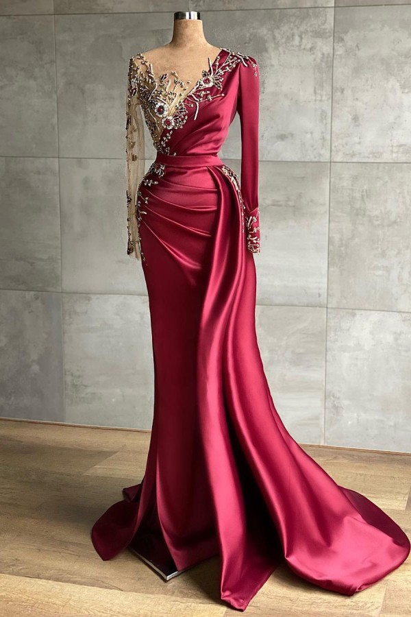 Burgundy Long Sleeves Mermaid Prom Dress With Beadings-Ballbella
