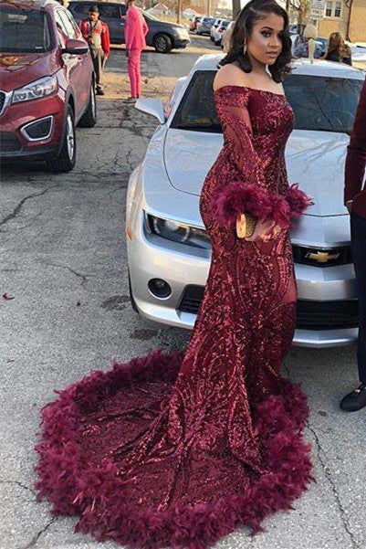 Burgundy Off Shoulder Sequins Sheath Long Sleeves Prom Dress with Feather-Ballbella
