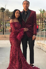 Burgundy Off Shoulder Sequins Sheath Long Sleeves Prom Dress with Feather-Ballbella