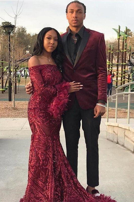 Burgundy Off Shoulder Sequins Sheath Long Sleeves Prom Dress with Feather-Ballbella