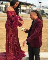 Burgundy Off Shoulder Sequins Sheath Long Sleeves Prom Dress with Feather-Ballbella