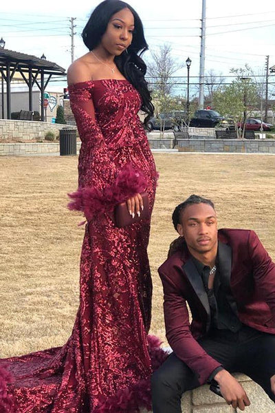 Burgundy Off Shoulder Sequins Sheath Long Sleeves Prom Dress with Feather