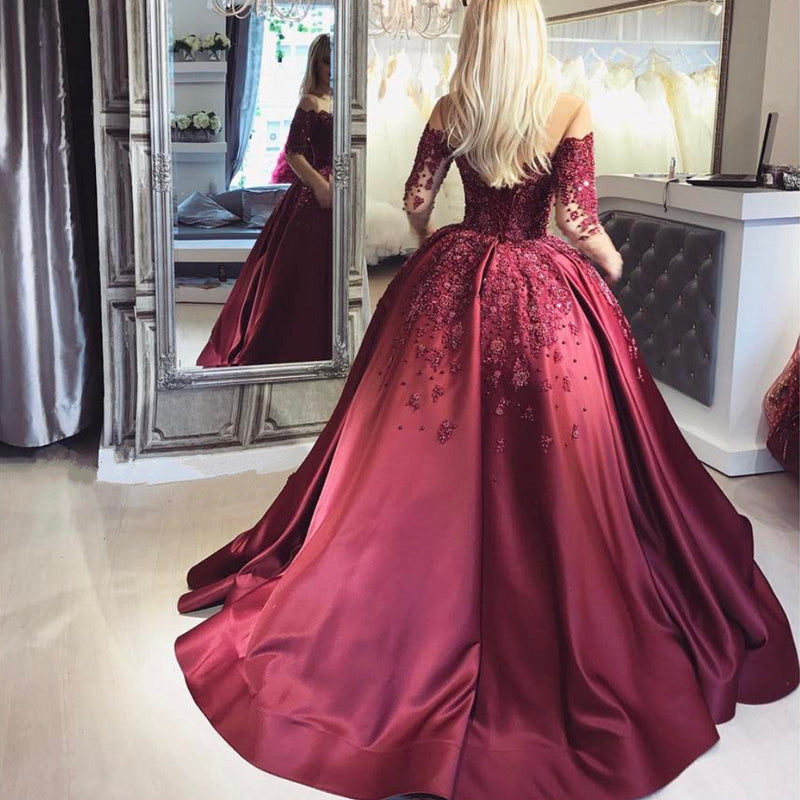 Customizing this New Arrival Burgundy Off-the-Shoulder Long-Sleeves Crystal Appliques Ball Prom Dresses on Ballbella. We offer extra coupons,  make in cheap and affordable price. We provide worldwide shipping and will make the dress perfect for everyone.