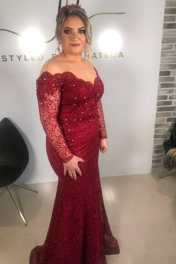 Ballbella offers Burgundy Off-the-shoulder Mermaid Mother of the bride Dresses On Sale at an affordable price from Lace to Mermaid Floor-length skirts. Shop for gorgeous Long Sleevess Prom Dresses, Evening Dresses, Mother dress collections for your big day.
