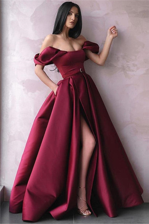 Still not know where to get your event dresses online? Ballbella offer you Burgundy Off-The-Shoulder Side-Slit Princess A-Line Prom Party Gowns at factory price,  fast delivery worldwide.
