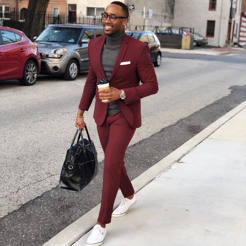 Burgundy One Button Men's Suit Slim Fit Formal Business Suit Burgundy One Button Men's Suit Slim Fit Formal Business Suit