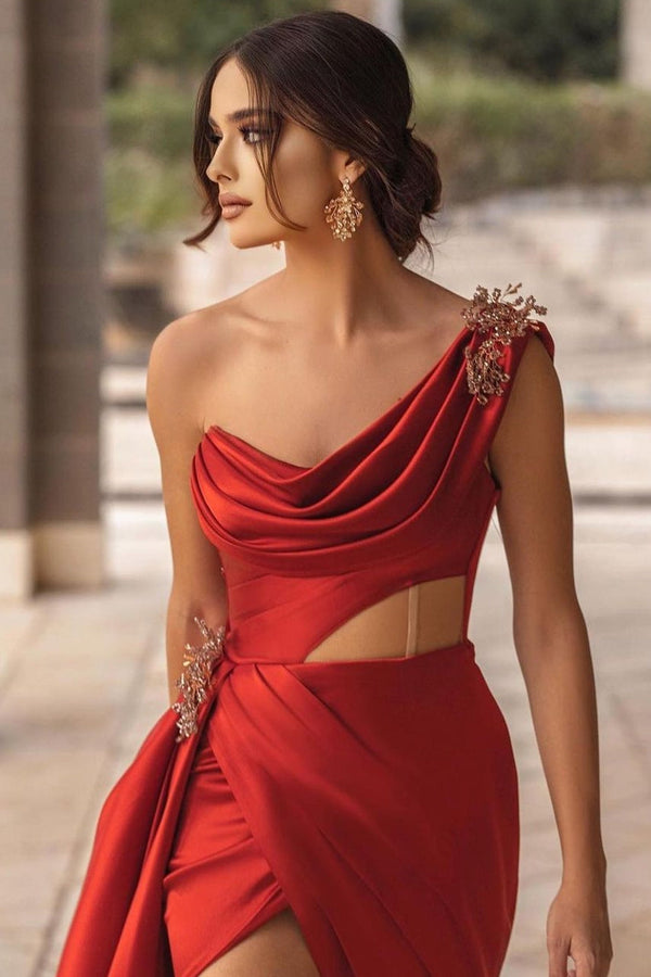 Burgundy One-shoulder High Split Long Prom Dress with Half train-Ballbella