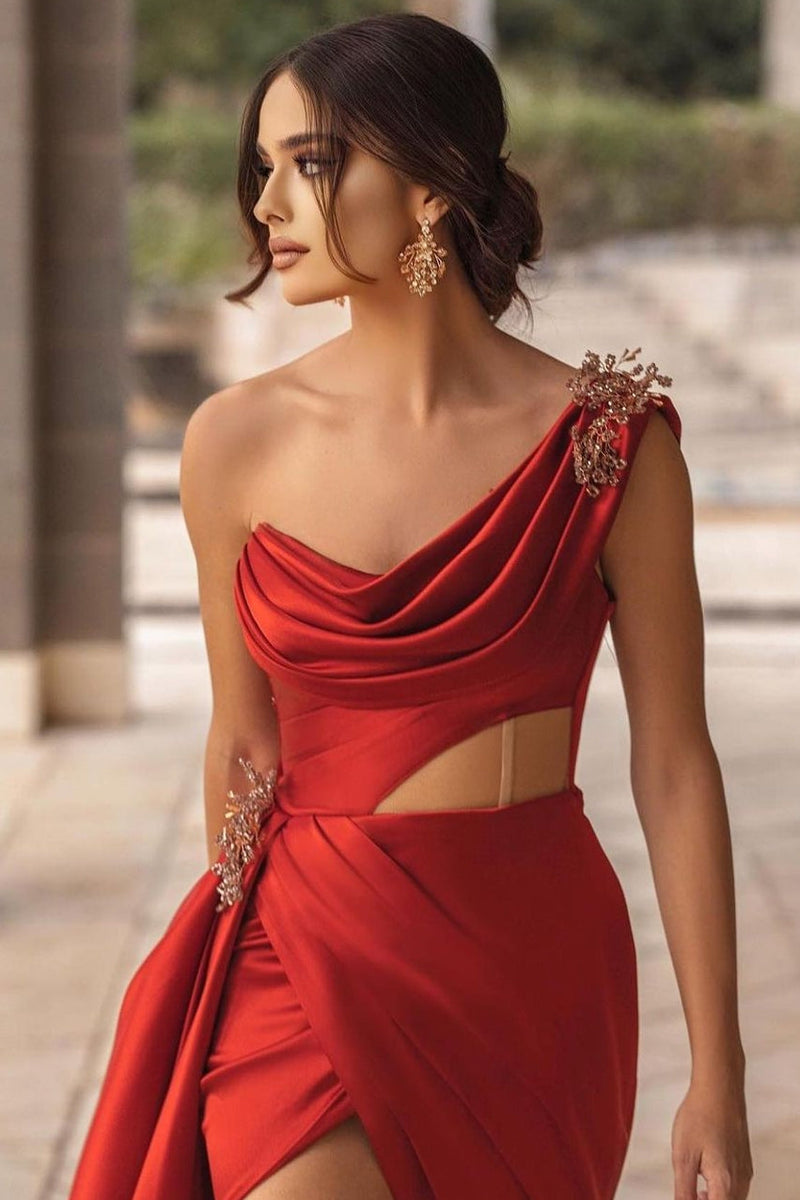 Burgundy One-shoulder High Split Long Prom Dress with Half train-Ballbella