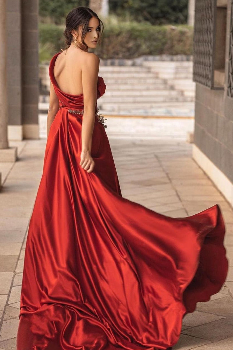 Burgundy One-Shoulder High Split Long Prom Dress with Half Train Burgundy One-Shoulder High Split Long Prom Dress with Half Train