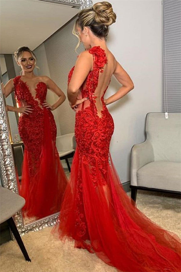 Looking for Prom Dresses in wine red,  backless style,  and Gorgeous tulle work? Ballbella has all covered on this Burgundy One-Shoulder Lace Applique Backless Mermaid tulle Prom Dresses.