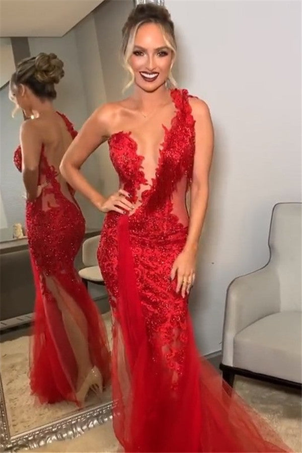 Looking for Prom Dresses in wine red,  backless style,  and Gorgeous tulle work? Ballbella has all covered on this Burgundy One-Shoulder Lace Applique Backless Mermaid tulle Prom Dresses.