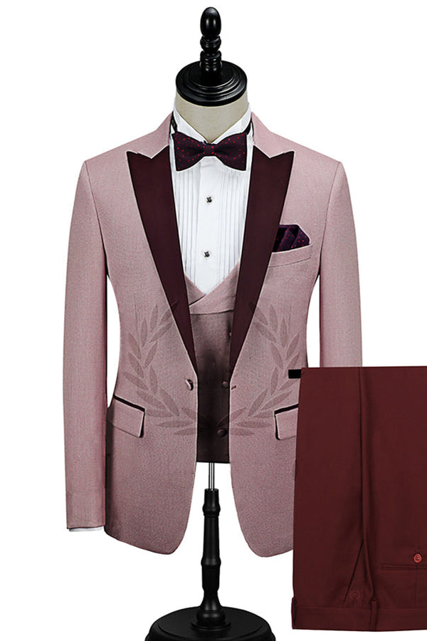 Burgundy Peak Lapel Men's Prom Suits Latest Pink One Button Wedding Tuxedos