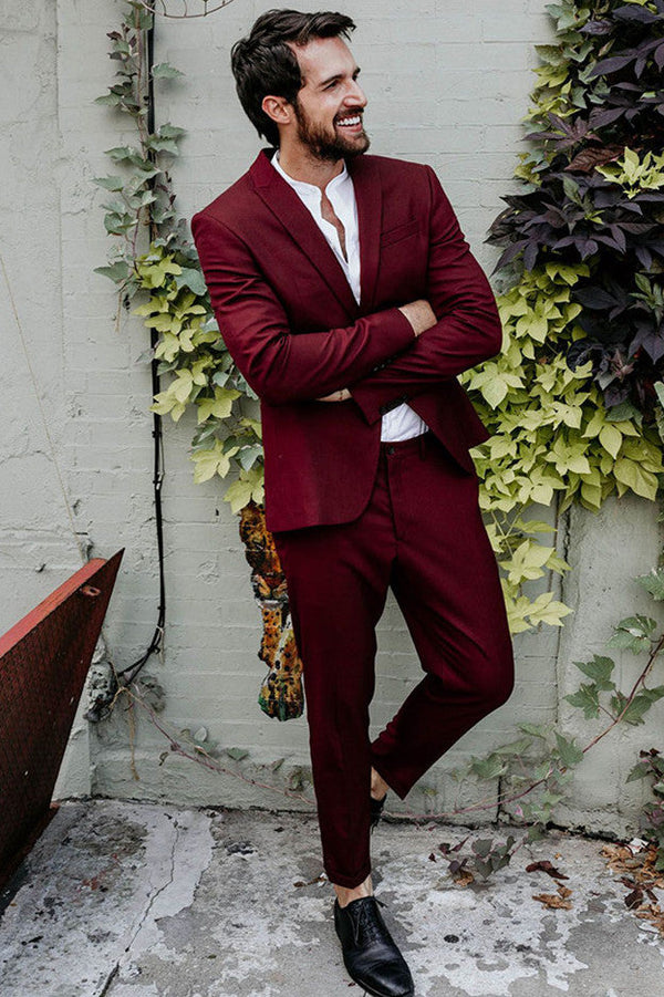 Burgundy Peaked Lapel Designer Prom Outfits-Ballbella
